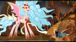 Size: 1727x966 | Tagged: safe, screencap, character:cozy glow, character:lord tirek, character:queen chrysalis, species:alicorn, species:centaur, species:changeling, species:pony, episode:the ending of the end, g4, my little pony: friendship is magic, alicornified, changeling queen, chaos magic, cozycorn, female, giant demon alicorn cozy glow, giant pony, grogar's bell, hoof shoes, macro, male, mare, race swap, ultimate chrysalis