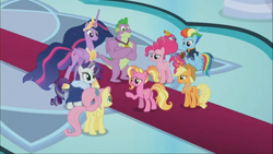Size: 1366x768 | Tagged: safe, screencap, character:applejack, character:fluttershy, character:luster dawn, character:pinkie pie, character:rainbow dash, character:rarity, character:spike, character:twilight sparkle, character:twilight sparkle (alicorn), species:alicorn, species:dragon, species:pony, episode:the last problem, g4, my little pony: friendship is magic, gigachad spike, mane seven, mane six, older, older mane six, older spike, princess twilight 2.0, winged spike