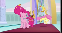 Size: 2397x1278 | Tagged: safe, screencap, character:boneless, character:li'l cheese, character:pinkie pie, species:earth pony, species:pony, episode:the last problem, g4, my little pony: friendship is magic, ambiguous gender, androgynous, boneless 6, faec, female, it happened, like mother like child, male, mama pinkie, mare, mother, mother and child, older pinkie pie