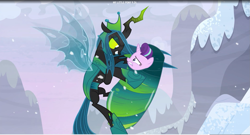 Size: 1713x928 | Tagged: safe, screencap, character:queen chrysalis, character:starlight glimmer, species:changeling, species:pony, episode:the ending of the end, g4, my little pony: friendship is magic, bondage, changeling queen, changeling slime, cocoon, cocooning, female, mare, mega chrysalis, ultimate chrysalis