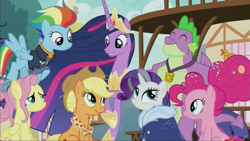Size: 1280x720 | Tagged: safe, screencap, character:applejack, character:fluttershy, character:pinkie pie, character:rainbow dash, character:rarity, character:spike, character:twilight sparkle, character:twilight sparkle (alicorn), species:alicorn, species:dragon, species:earth pony, species:pegasus, species:pony, species:unicorn, episode:the last problem, g4, my little pony: friendship is magic, age difference, female, gigachad spike, grey hair, mane six, mare, older, older spike, princess twilight 2.0, skunk stripe, winged spike