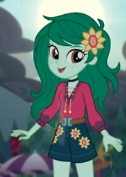 Size: 372x523 | Tagged: safe, screencap, character:wallflower blush, episode:let it rain, g4, my little pony:equestria girls, clothing, cropped, cute, female, flower, flower in hair, flowerbetes, freckles, hnnng, looking at you, music festival outfit, shorts, smiling, solo