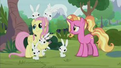 Size: 1280x720 | Tagged: safe, screencap, character:angel bunny, character:fluttershy, character:luster dawn, species:pegasus, species:pony, species:rabbit, species:unicorn, episode:the last problem, g4, my little pony: friendship is magic, animal, female, mare, older, older fluttershy