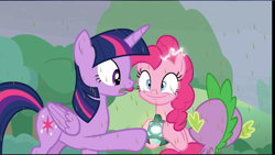 Size: 1735x978 | Tagged: safe, screencap, character:pinkie pie, character:spike, character:twilight sparkle, character:twilight sparkle (alicorn), species:alicorn, species:dragon, species:pony, episode:the ending of the end, g4, my little pony: friendship is magic, leak, bewitching bell, chocolate, chocolate rain, food, rain, run, smiling, winged spike, xk-class end-of-the-world scenario
