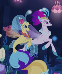Size: 378x452 | Tagged: safe, screencap, character:princess skystar, character:queen novo, species:seapony (g4), episode:the ending of the end, g4, my little pony: friendship is magic, cropped, crown, female, fin wings, fins, fish tail, flower, flower in hair, jewelry, like mother like daughter, mother and daughter, regalia, seaquestria, show accurate, tail, underwater, wings