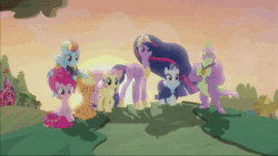 Size: 1280x720 | Tagged: safe, screencap, character:applejack, character:fluttershy, character:pinkie pie, character:rainbow dash, character:rarity, character:spike, character:twilight sparkle, character:twilight sparkle (alicorn), species:alicorn, species:dragon, species:earth pony, species:pegasus, species:pony, species:unicorn, episode:friendship is magic, episode:the last problem, g4, my little pony: friendship is magic, animated, book, book of harmony, end of an era, end of ponies, feels, female, mane seven, mane six, mare, older, pony history, princess twilight 2.0, sound, thank you lauren, the end, the magic of friendship grows, webm