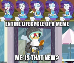 Size: 585x500 | Tagged: safe, screencap, character:rarity, character:sunset shimmer, episode:monday blues, eqg summertime shorts, g4, my little pony:equestria girls, caption, geode of shielding, image macro, magical geodes, text