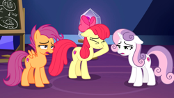 Size: 1920x1080 | Tagged: safe, screencap, character:apple bloom, character:scootaloo, character:sweetie belle, species:pegasus, species:pony, episode:growing up is hard to do, g4, my little pony: friendship is magic, cutie mark, cutie mark crusaders, older, older apple bloom, older cmc, older scootaloo, older sweetie belle, the cmc's cutie marks