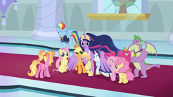 Size: 1920x1080 | Tagged: safe, screencap, character:applejack, character:fluttershy, character:li'l cheese, character:luster dawn, character:pinkie pie, character:rainbow dash, character:rarity, character:spike, character:twilight sparkle, character:twilight sparkle (alicorn), species:alicorn, species:dragon, species:earth pony, species:pegasus, species:pony, species:unicorn, episode:the last problem, g4, my little pony: friendship is magic, ethereal mane, female, filly, hug, male, mane seven, mane six, mare, mother and daughter, princess twilight 2.0, son, winged spike, winghug