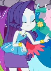 Size: 651x908 | Tagged: safe, screencap, character:rarity, episode:costume conundrum, g4, my little pony:equestria girls, clothing, costume conundrum: rarity, cropped, eyes closed, female, geode of shielding, leaned forward, magical geodes, pencil skirt, rarity's bedroom, skirt, smiling, solo, this old thing