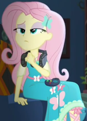 Size: 687x955 | Tagged: safe, screencap, character:fluttershy, episode:costume conundrum, g4, my little pony:equestria girls, controller, couch, cropped, cute, female, gaming headset, geode of fauna, headset mic, looking up, magical geodes, raised eyebrow, sitting, solo, sunset's apartment, thinking