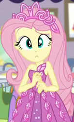 Size: 579x944 | Tagged: safe, screencap, character:fluttershy, episode:costume conundrum, g4, my little pony:equestria girls, bare shoulders, clothing, confluttershy, confused, costume conundrum: rarity, cropped, cute, dress, jewelry, looking at you, princess dress, princess fluttershy, raised eyebrow, rarity's bedroom, seriously, shyabetes, sleeveless, tiara