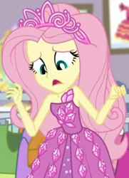 Size: 652x900 | Tagged: safe, screencap, character:fluttershy, episode:costume conundrum, g4, my little pony:equestria girls, bare shoulders, clothing, costume conundrum: rarity, cropped, dress, jewelry, looking down, princess dress, princess fluttershy, rarity's bedroom, seriously, sleeveless, tiara