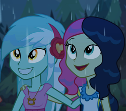 Size: 1220x1080 | Tagged: safe, screencap, character:bon bon, character:lyra heartstrings, character:sweetie drops, episode:let it rain, g4, my little pony:equestria girls, adorabon, background human, beautiful, cropped, cute, female, hand on shoulder, happy, lyrabetes, rain, shipping fuel, wet hair