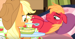 Size: 1234x651 | Tagged: safe, screencap, character:applejack, character:big mcintosh, species:earth pony, species:pony, episode:growing up is hard to do, g4, my little pony: friendship is magic, bags under eyes, clothing, couch, duo, floppy ears, food, hat, messy mane, mouth hold, sick, soup, spoon