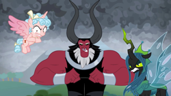 Size: 1920x1080 | Tagged: safe, screencap, character:cozy glow, character:lord tirek, character:queen chrysalis, species:alicorn, species:pony, episode:the ending of the end, g4, my little pony: friendship is magic, leak, alicornified, cozy glow is best facemaker, cozycorn, crazy glow, crazycorn, insanity, race swap, trio, ultimate chrysalis