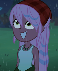 Size: 880x1080 | Tagged: safe, screencap, episode:let it rain, g4, my little pony:equestria girls, bandana, clothing, cropped, cute, female, jewelry, necklace, outdoors, rain, raspberry lilac, sleeveless, smiling, tank top, wet, wet hair