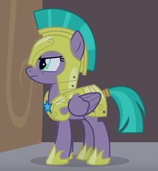 Size: 1245x1347 | Tagged: safe, screencap, character:queen chrysalis, character:vanguard cover, species:pegasus, species:pony, episode:the summer sun setback, g4, my little pony: friendship is magic, annoyed, armor, cropped, disguise, disguised changeling, female, guardsmare, helmet, hoof shoes, mare, royal guard, solo, tail wrap