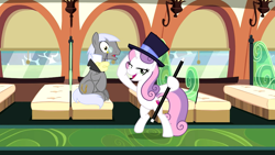 Size: 1920x1080 | Tagged: safe, screencap, character:caesar, character:sweetie belle, episode:growing up is hard to do, g4, my little pony: friendship is magic, being big is all it takes, cane, clothing, cutie mark, hat, lidded eyes, older, older sweetie belle, the cmc's cutie marks, top hat