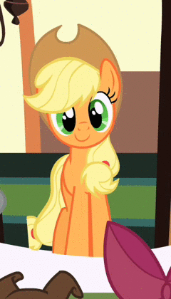 Size: 240x420 | Tagged: safe, screencap, character:apple bloom, character:applejack, character:winona, species:earth pony, species:pony, episode:the last roundup, g4, my little pony: friendship is magic, animated, bow, c:, cute, female, filly, hair bow, headbob, jackabetes, looking at you, mare, metronome, pendulum, smiling, solo focus, sway