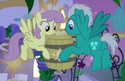 Size: 654x424 | Tagged: safe, screencap, character:parasol, species:pegasus, species:pony, episode:the summer sun setback, g4, my little pony: friendship is magic, background pony, barrel, buddy, butt, cropped, duo, female, flying, male, mare, plot, stallion