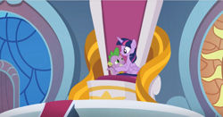 Size: 1234x646 | Tagged: safe, screencap, character:spike, character:twilight sparkle, character:twilight sparkle (alicorn), species:alicorn, species:dragon, species:pony, episode:the ending of the end, g4, my little pony: friendship is magic, leak, hug, mama twilight, sparkle siblings, throne, winged spike