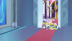 Size: 1235x696 | Tagged: safe, screencap, character:cozy glow, character:guardian angel, species:alicorn, species:pony, episode:the ending of the end, g4, my little pony: friendship is magic, leak, canterlot castle, cozycorn, guards, pile, race swap
