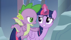 Size: 1004x567 | Tagged: safe, screencap, character:spike, character:twilight sparkle, character:twilight sparkle (alicorn), species:alicorn, species:dragon, species:pony, episode:the ending of the end, g4, my little pony: friendship is magic, leak, claw, flying, narrow eyes, winged spike