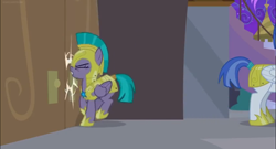Size: 1366x738 | Tagged: safe, screencap, character:queen chrysalis, character:vanguard cover, species:pony, episode:the summer sun setback, g4, my little pony: friendship is magic, armor, bump, disguise, disguised changeling, door, female, guard, guardsmare, mare, royal guard