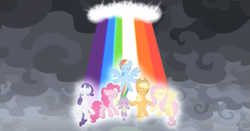 Size: 1009x527 | Tagged: safe, screencap, character:applejack, character:fluttershy, character:pinkie pie, character:rainbow dash, character:rarity, character:spike, species:dragon, episode:the ending of the end, g4, my little pony: friendship is magic, leak, end of ponies, pony history, the elements in action, winged spike