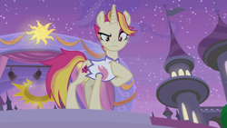 Size: 2880x1620 | Tagged: safe, screencap, character:fire flare, species:pony, species:unicorn, episode:the summer sun setback, g4, my little pony: friendship is magic, clothing, female, hoof on chest, mare, night, offended, raised eyebrow, solo