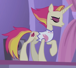 Size: 923x829 | Tagged: safe, screencap, character:fire flare, species:pony, species:unicorn, episode:the summer sun setback, g4, my little pony: friendship is magic, clothing, cropped, eyes closed, female, mare, raised hoof, solo