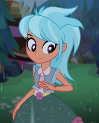 Size: 872x1080 | Tagged: safe, screencap, character:frosty orange, episode:let it rain, g4, my little pony:equestria girls, background human, clothing, cropped, cute, dress, female, looking at you, outdoors, rain, smiling