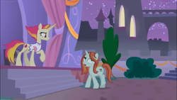 Size: 1366x768 | Tagged: safe, screencap, character:crackle cosette, character:fire flare, character:queen chrysalis, episode:the summer sun setback, g4, my little pony: friendship is magic, bush, curtains, disguise, disguised changeling, looking up, night, stage, stairs