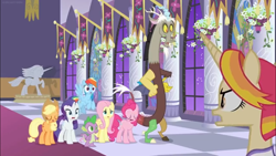 Size: 1366x768 | Tagged: safe, screencap, character:applejack, character:discord, character:fire flare, character:fluttershy, character:rainbow dash, character:rarity, character:spike, episode:the summer sun setback, g4, my little pony: friendship is magic, banner, carpet, column, flower, night, quitting, shocked, statue, surprised, upset, window