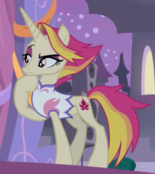 Size: 1158x1297 | Tagged: safe, screencap, character:fire flare, species:pony, species:unicorn, episode:the summer sun setback, g4, my little pony: friendship is magic, canterlot, clothing, cropped, cutie mark, eyeshadow, female, hoof on chin, lidded eyes, makeup, mare, night, raised eyebrow, raised hoof, solo, thinking