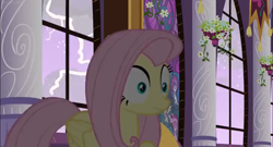 Size: 1366x738 | Tagged: safe, screencap, character:fluttershy, species:pony, episode:the summer sun setback, g4, my little pony: friendship is magic, flower, lightning, solo, storm, window