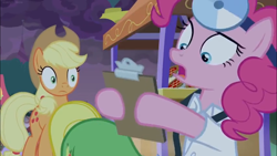 Size: 1366x768 | Tagged: safe, screencap, character:applejack, character:pinkie pie, character:wensley, species:pony, episode:the summer sun setback, g4, my little pony: friendship is magic, clipboard, confused, doctor, head mirror, night