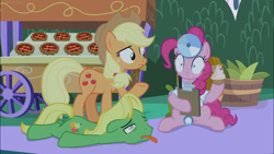 Size: 1366x768 | Tagged: safe, screencap, character:applejack, character:pinkie pie, character:wensley, species:earth pony, species:pony, episode:the summer sun setback, g4, my little pony: friendship is magic, clipboard, cupcake, doctor, eating, fatigues, food, head mirror, night, surprised, tired, tongue out, weak, wide eyes