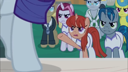 Size: 1366x768 | Tagged: safe, screencap, character:cayenne, character:golden gavel, character:lemon hearts, character:rarity, character:upper crust, species:pony, species:unicorn, episode:the summer sun setback, g4, my little pony: friendship is magic, angry, crowd, hot streak, night, night fire, pointing, upset