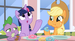 Size: 1864x1028 | Tagged: safe, screencap, character:applejack, character:spike, character:twilight sparkle, character:twilight sparkle (alicorn), species:alicorn, species:dragon, species:pony, episode:the ending of the end, g4, my little pony: friendship is magic, season 9, leak, chewing, clothing, donut, eating, food, hat, puffy cheeks, winged spike