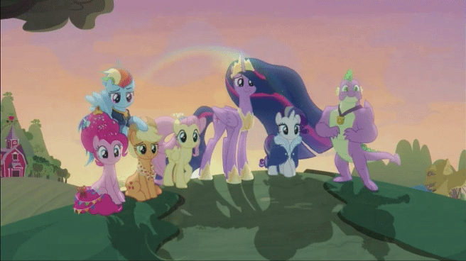 Size: 656x368 | Tagged: safe, screencap, character:applejack, character:fluttershy, character:pinkie pie, character:rainbow dash, character:rarity, character:spike, character:twilight sparkle, character:twilight sparkle (alicorn), species:alicorn, species:dragon, species:pony, episode:the last problem, g4, my little pony: friendship is magic, season 9, animated, book, book of harmony, end of the story, finale, good end, happy ending, mane seven, mane six, princess twilight 2.0, series finale, spoiler, sunset, the end, winged spike, written equestrian