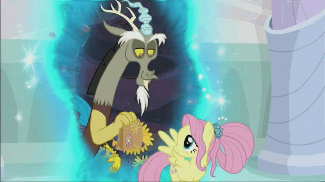 Size: 656x368 | Tagged: safe, screencap, character:discord, character:fluttershy, episode:the last problem, g4, my little pony: friendship is magic, season 9, animated, cartoon physics, duo, female, gif, hammerspace, lunch bag, male, older fluttershy, paper, portal, shipping fuel, wing hands, wings, wrinkles
