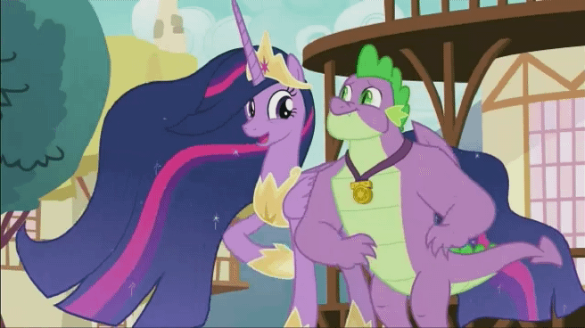 Size: 656x368 | Tagged: safe, screencap, character:applejack, character:fluttershy, character:pinkie pie, character:rainbow dash, character:rarity, character:spike, character:twilight sparkle, character:twilight sparkle (alicorn), species:alicorn, species:dragon, species:pony, episode:the last problem, g4, my little pony: friendship is magic, season 9, animated, gif, gigachad spike, mane seven, mane six, older, older spike, princess twilight 2.0, the magic of friendship grows, winged spike