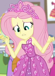 Size: 646x904 | Tagged: safe, screencap, character:fluttershy, episode:costume conundrum, g4, my little pony:equestria girls, bare shoulders, clothing, costume conundrum: rarity, cropped, cute, dress, jewelry, leaned forward, looking down, princess fluttershy, raised arms, rarity's bedroom, seriously, sleeveless, strapless, tiara