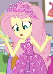 Size: 649x905 | Tagged: safe, screencap, character:fluttershy, episode:costume conundrum, g4, my little pony:equestria girls, bare shoulders, clothing, costume conundrum: rarity, cropped, cute, dress, jewelry, leaned forward, looking down, princess fluttershy, raised arms, rarity's bedroom, seriously, sleeveless, strapless, tiara