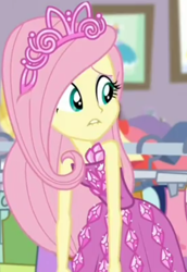 Size: 618x896 | Tagged: safe, screencap, character:fluttershy, episode:costume conundrum, g4, my little pony:equestria girls, bare shoulders, clothing, costume conundrum: rarity, cropped, cute, jewelry, leaned forward, lip bite, princess fluttershy, rarity's bedroom, seriously, sleeveless, strapless, tiara
