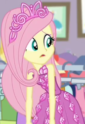 Size: 618x896 | Tagged: safe, screencap, character:fluttershy, episode:costume conundrum, g4, my little pony:equestria girls, bare shoulders, clothing, costume conundrum: rarity, cropped, cute, dress, jewelry, leaned forward, princess fluttershy, rarity's bedroom, seriously, sleeveless, strapless, tiara