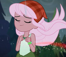 Size: 829x720 | Tagged: safe, screencap, episode:let it rain, g4, my little pony:equestria girls, background human, bandana, clothing, cropped, eyes closed, female, jewelry, necklace, raspberry lilac, sleeveless, tank top