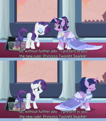 Size: 1268x1440 | Tagged: safe, screencap, character:rarity, character:twilight sparkle, character:twilight sparkle (alicorn), species:alicorn, species:pony, species:unicorn, episode:the last problem, g4, my little pony: friendship is magic, leak, alternate hairstyle, bowing, canterlot castle, clothing, coronation, coronation dress, coronation dress 2.0, dress, female, mare, subtitles, text